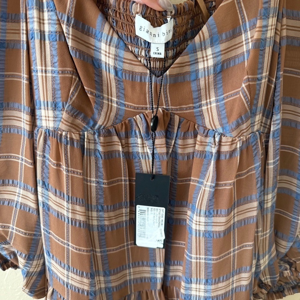Brown Blue Plaid Babydoll Mini Dress Coquette Gianni Bini NWT S - Picture 3 of 9